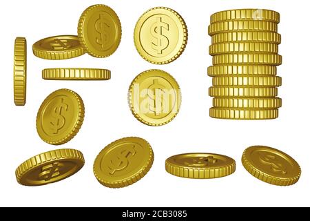 Set di monete d'oro con simbolo del dollaro isolato su sfondo bianco. rendering 3d. Foto Stock