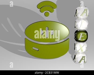 icona alexa 3D accanto al testo verticale delle singole lettere. Illustrazione 3D. amazon ed eco Foto Stock