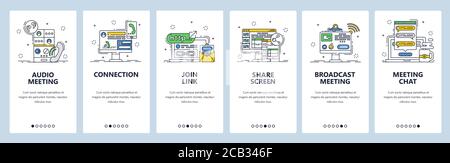 Chat remota per riunioni di team, conferenze audio. Schermate di onboarding delle app mobili, modello di banner dei siti Web vettoriali Illustrazione Vettoriale
