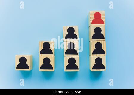 vista dall'alto dei blocchi di legno con icone umane nere e rosse su sfondo blu, concetto di leadership e scala di carriera Foto Stock