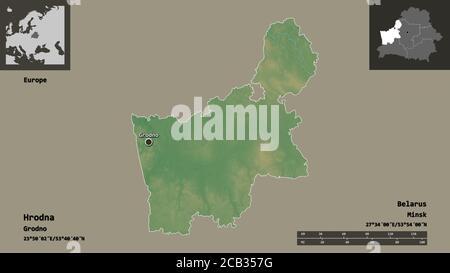 Forma di Hrodna, regione della Bielorussia, e la sua capitale. Scala della distanza, anteprime ed etichette. Mappa di rilievo topografico. Rendering 3D Foto Stock