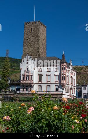 Boosenburg, torre del castello con villa a Rüdesheim am Rhein, città vinicola in Assia, Germania Foto Stock