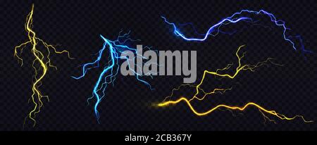 Fulmini, thunderbolt colpisce durante la tempesta di notte. Vettore realistico insieme di impatto elettrico blu e giallo, spara scarica di tuontempesta isolato su sfondo scuro trasparente Illustrazione Vettoriale