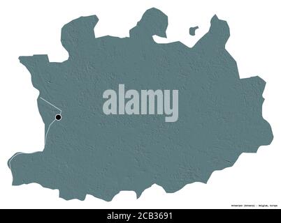 Forma di Antwerpen, provincia del Belgio, con la sua capitale isolata su sfondo bianco. Mappa di elevazione colorata. Rendering 3D Foto Stock