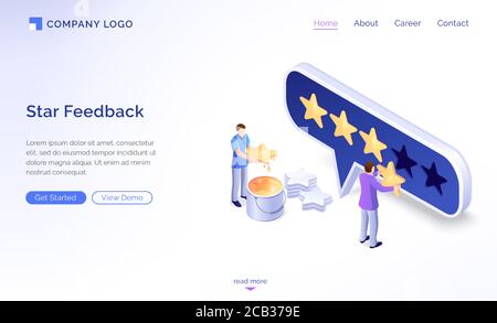 Banner modello feedback a stelle. Concetto di revisione positiva, soddisfazione del tasso e qualità del servizio o dell'app. Landing page vettoriale di valutazione da parte di clienti con stelle d'oro Illustrazione Vettoriale