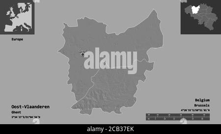 Forma di Oost-Vlaanderen, provincia del Belgio, e la sua capitale. Scala della distanza, anteprime ed etichette. Mappa elevazione bilivello. Rendering 3D Foto Stock