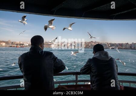Nutrire gabbiani sull'Eminonu per il traghetto passeggeri di Kadikoy, Istanbul, Turchia. Foto Stock