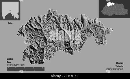 Forma di Gasa, distretto di Bhutan, e la sua capitale. Scala della distanza, anteprime ed etichette. Mappa elevazione bilivello. Rendering 3D Foto Stock