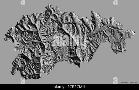 Forma di Gasa, distretto di Bhutan, con la sua capitale isolata su uno sfondo di colore pieno. Mappa elevazione bilivello. Rendering 3D Foto Stock