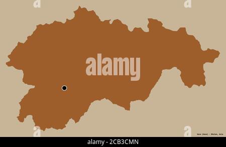 Forma di Gasa, distretto di Bhutan, con la sua capitale isolata su uno sfondo di colore pieno. Composizione di texture con motivi. Rendering 3D Foto Stock