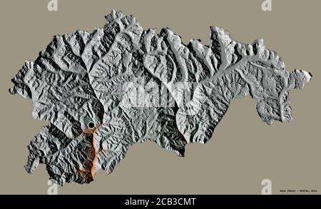 Forma di Gasa, distretto di Bhutan, con la sua capitale isolata su uno sfondo di colore pieno. Mappa di rilievo topografico. Rendering 3D Foto Stock