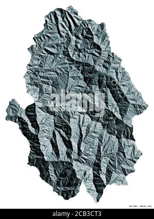 Forma di Haa, distretto di Bhutan, con la sua capitale isolata su sfondo bianco. Mappa di elevazione colorata. Rendering 3D Foto Stock