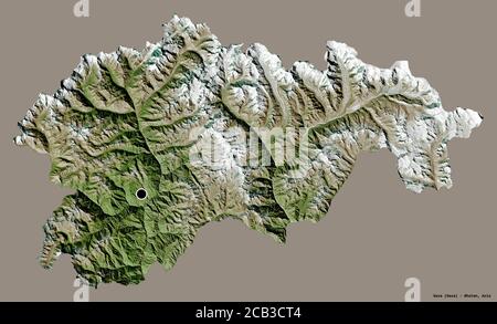 Forma di Gasa, distretto di Bhutan, con la sua capitale isolata su uno sfondo di colore pieno. Immagini satellitari. Rendering 3D Foto Stock