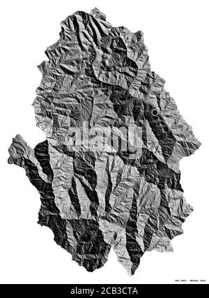 Forma di Haa, distretto di Bhutan, con la sua capitale isolata su sfondo bianco. Mappa elevazione bilivello. Rendering 3D Foto Stock