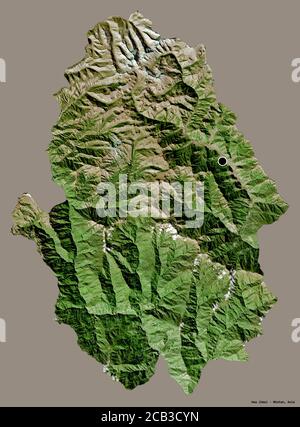 Forma di Haa, distretto di Bhutan, con la sua capitale isolata su uno sfondo di colore pieno. Immagini satellitari. Rendering 3D Foto Stock