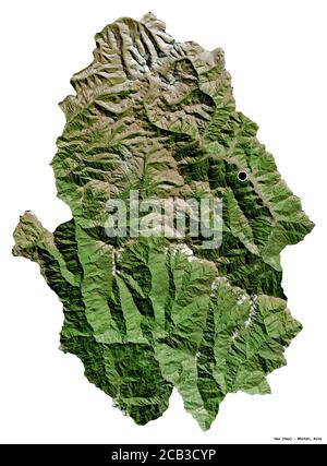 Forma di Haa, distretto di Bhutan, con la sua capitale isolata su sfondo bianco. Immagini satellitari. Rendering 3D Foto Stock