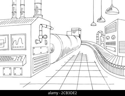 Disegno interno di fabbrica in bianco nero illustrazione dello schizzo vettore Illustrazione Vettoriale