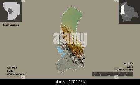 Forma di la Paz, dipartimento della Bolivia, e la sua capitale. Scala della distanza, anteprime ed etichette. Mappa di rilievo topografico. Rendering 3D Foto Stock