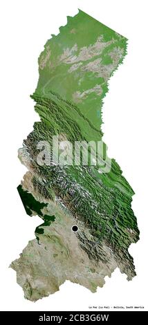 Forma di la Paz, dipartimento della Bolivia, con la sua capitale isolata su sfondo bianco. Immagini satellitari. Rendering 3D Foto Stock