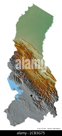 Forma di la Paz, dipartimento della Bolivia, con la sua capitale isolata su sfondo bianco. Mappa di rilievo topografico. Rendering 3D Foto Stock