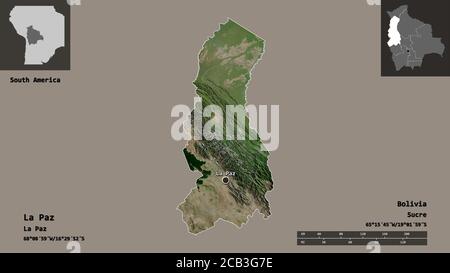 Forma di la Paz, dipartimento della Bolivia, e la sua capitale. Scala della distanza, anteprime ed etichette. Immagini satellitari. Rendering 3D Foto Stock