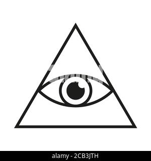 Occhio nel triangolo semplice simbolo minimalista. Tutti vedendo la piramide degli occhi illuminata immagine vettoriale isolata Illustrazione Vettoriale