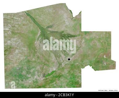 Forma del Nord-Ovest, distretto del Botswana, con la sua capitale isolata su sfondo bianco. Immagini satellitari. Rendering 3D
