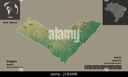 Forma di Alagoas, stato del Brasile, e la sua capitale. Scala della distanza, anteprime ed etichette. Mappa di rilievo topografico. Rendering 3D Foto Stock