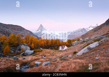 Incredibile alba colorata sul lago Grindjisee con la vetta del Cervino Cervino nelle Alpi svizzere. Zermatt località turistica, Svizzera. Fotografia di paesaggio Foto Stock