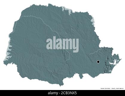 Forma di Paraná, stato del Brasile, con la sua capitale isolata su sfondo bianco. Mappa di elevazione colorata. Rendering 3D Foto Stock