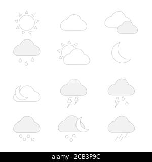 Icone vettoriali meteo impostate in stile contorno, colore grigio Illustrazione Vettoriale