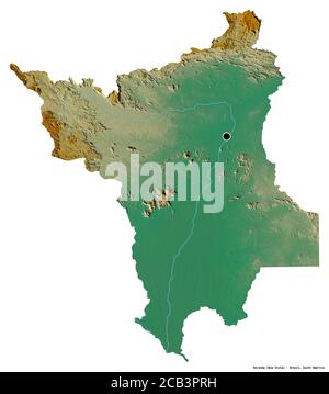 Forma di Roraima, stato del Brasile, con la sua capitale isolata su sfondo bianco. Mappa di rilievo topografico. Rendering 3D Foto Stock