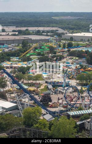 Carowinds, Stati Uniti d'America - 19 agosto 2019. Attrazione Flying Cabras Roller Coaster nel parco a tema Carowinds il 19 agosto 2019 a Charlotte, Carolina del Nord, Foto Stock