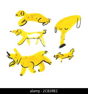 Handrawn Yellow Pennello Strokes Dogs Collection espressivo Illustrazione Vettoriale