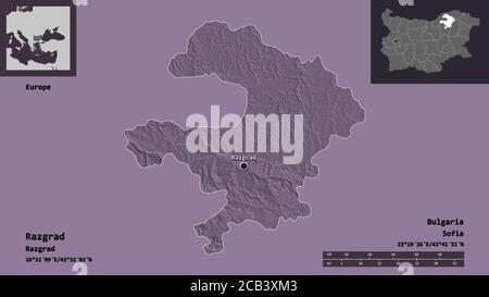 Forma di Razgrad, provincia della Bulgaria, e la sua capitale. Scala della distanza, anteprime ed etichette. Mappa di elevazione colorata. Rendering 3D Foto Stock