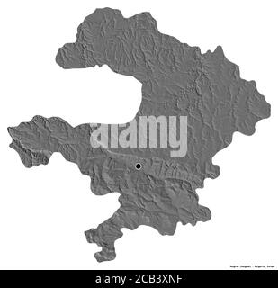 Forma di Razgrad, provincia della Bulgaria, con la sua capitale isolata su sfondo bianco. Mappa elevazione bilivello. Rendering 3D Foto Stock