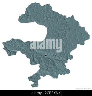 Forma di Razgrad, provincia della Bulgaria, con la sua capitale isolata su sfondo bianco. Mappa di elevazione colorata. Rendering 3D Foto Stock