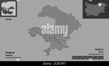 Forma di Razgrad, provincia della Bulgaria, e la sua capitale. Scala della distanza, anteprime ed etichette. Mappa elevazione bilivello. Rendering 3D Foto Stock