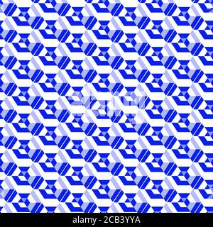 Modello astratto con forme geometriche blu e esagonali ritmiche. Illustrazione Vettoriale