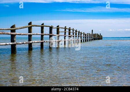 Recinzione in legno del Parco Nazionale Fischland Darss Zingst sporgente dall'acqua al largo della costa Foto Stock