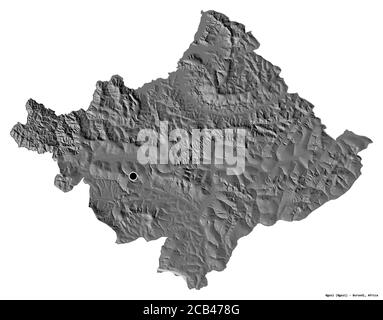 Forma di Ngozi, provincia del Burundi, con la sua capitale isolata su sfondo bianco. Mappa elevazione bilivello. Rendering 3D Foto Stock