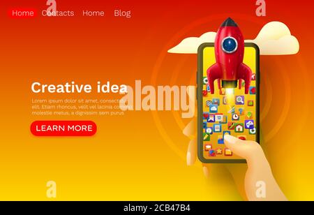 Idea creativa spazio razzo, start-up mobile, web site banner design. Illustrazione vettoriale Illustrazione Vettoriale
