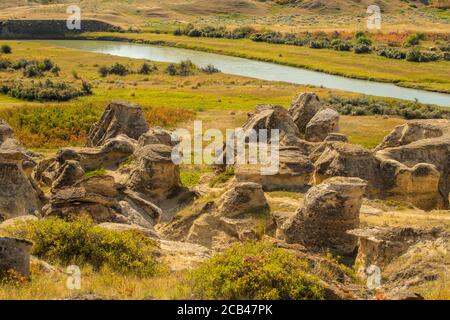 Milk River e hoodoos di arenaria, scrivendo su Stone Provincial Park, Alberta, Canada Foto Stock