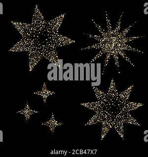 Stelle dorate di lusso su particelle di confetti nere e dorate scintillanti su sfondo scuro. Puntini dorati sparsi. Illustrazione vettoriale. Icona floreale premium. Illustrazione Vettoriale