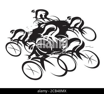 Corsa in bicicletta, velocità massima. Disegno nero stilizzato espressivo dei ciclisti stradali, che imita inchiostro e pennello da disegno. Vettore disponibile. Illustrazione Vettoriale