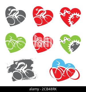 Icone ciclabili a forma di cuore. Set di simboli colorati con ciclisti ed elementi ciclabili. Vettore disponibile. Illustrazione Vettoriale