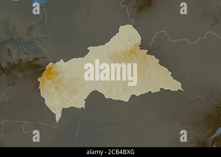 Forma della Repubblica Centrafricana separata dalla desaturazione delle aree limitrofe. Bordi. Mappa di rilievo topografico. Rendering 3D Foto Stock