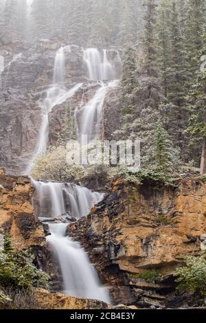 Neve fresca in autunno a Tangle Falls, Jasper National Park, Alberta, Canada Foto Stock