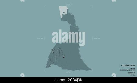 Area di Extrême-Nord, regione del Camerun, isolata su un solido sfondo in una scatola di delimitazione georeferenziata. Etichette. Mappa di elevazione colorata. Rendering 3D Foto Stock