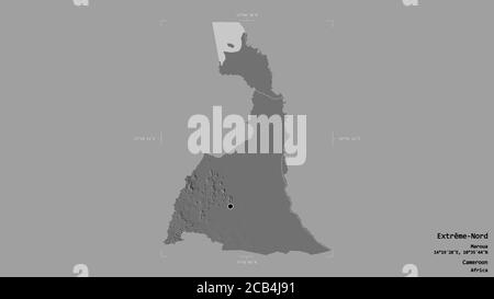 Area di Extrême-Nord, regione del Camerun, isolata su un solido sfondo in una scatola di delimitazione georeferenziata. Etichette. Mappa elevazione bilivello. Rendering 3D Foto Stock